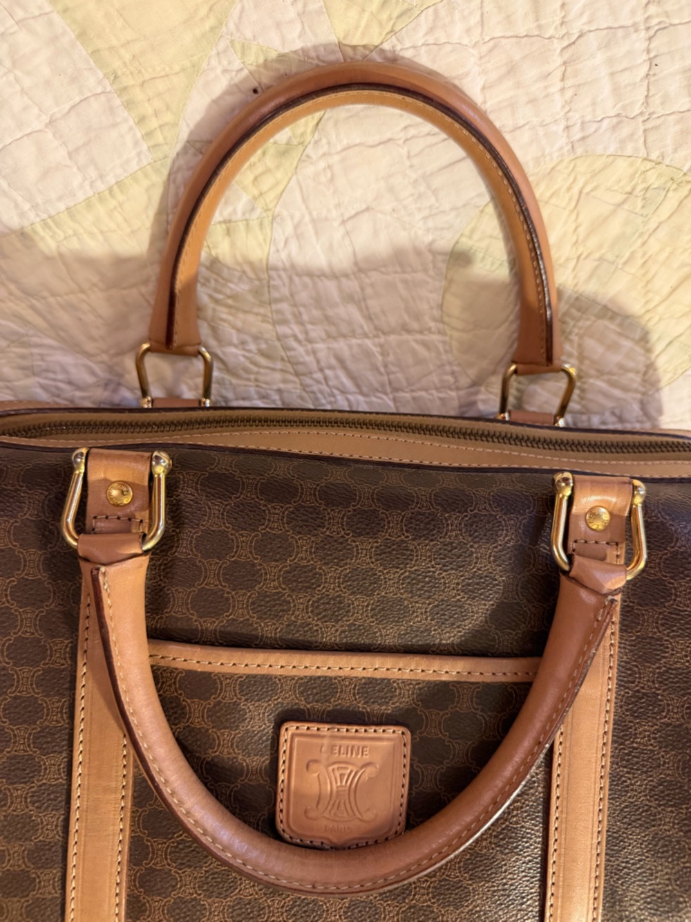Vintage CELINE Brown Canvas Macadam Leather Boston Tote Bag Made in Italy - Picture 8 of 16